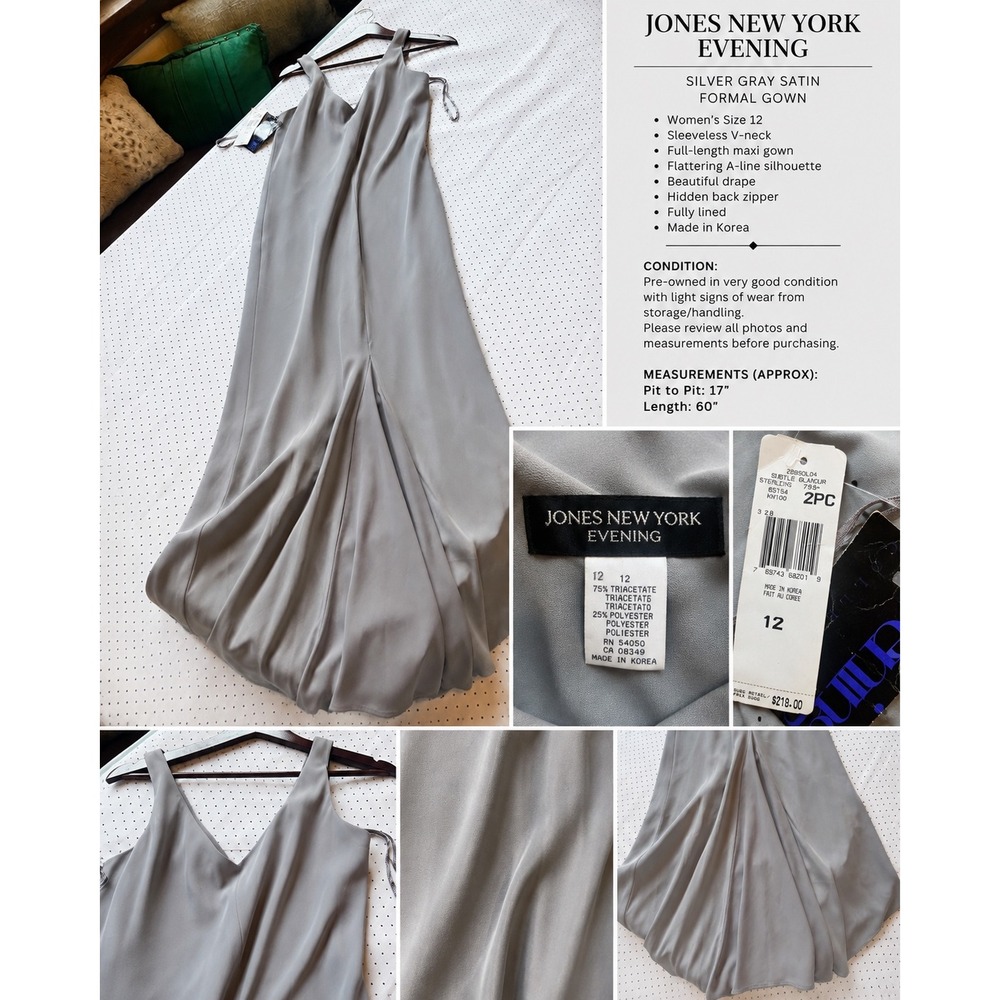 Jones New York Evening Gray Satin Sleeveless Formal Gown Maxi Dress Womens 12